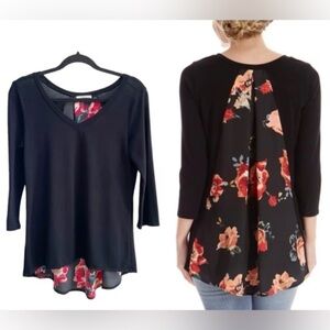 Le Lis Knit Dark Floral Top Womens Plus 3X V-Neck Black 3/4 Sleeves Romantic